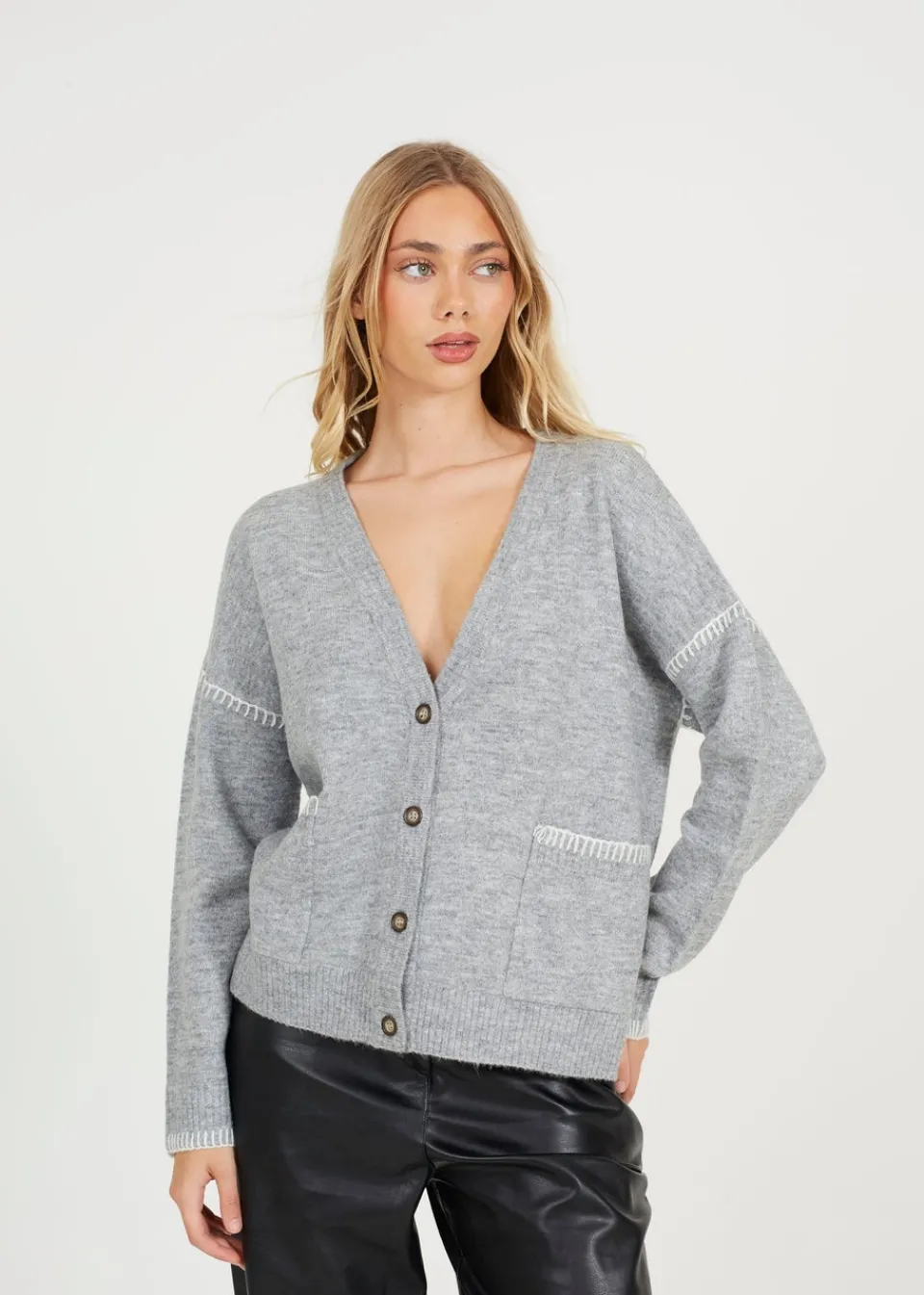 Tops>Brave Soul Grey Contrast Stitch Button Through V-neck Cardigan