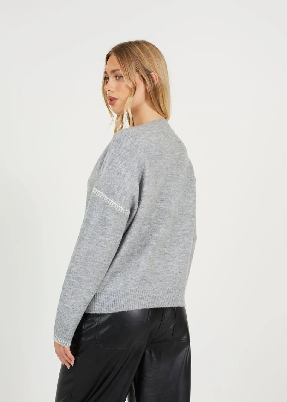 Tops>Brave Soul Grey Contrast Stitch Button Through V-neck Cardigan