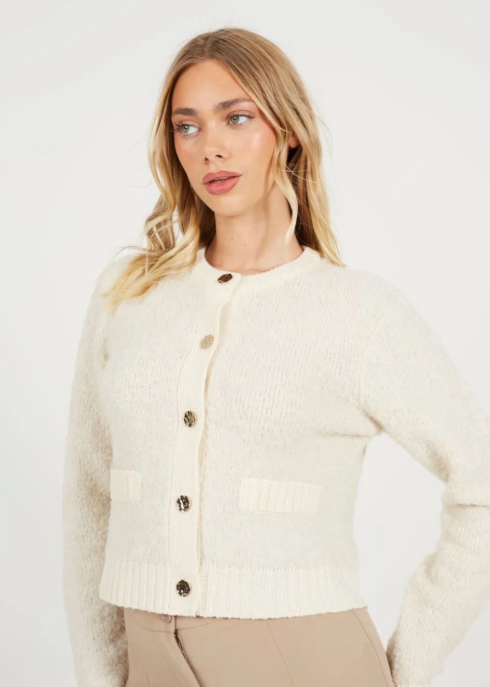 Tops>Brave Soul Ivory Button Through Boucle Cardigan