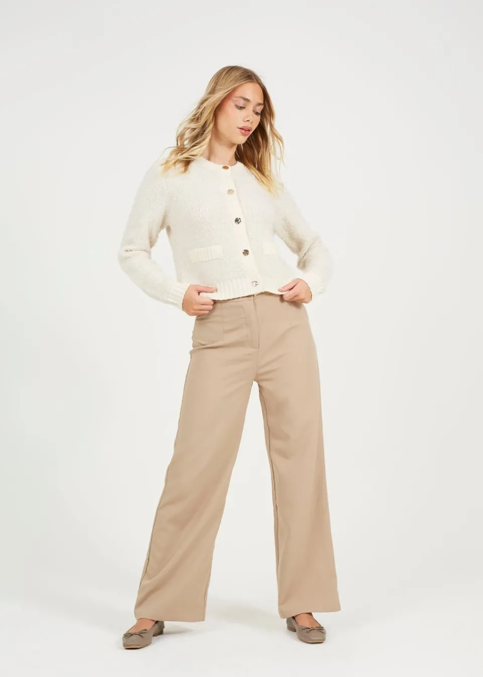 Tops>Brave Soul Ivory Button Through Boucle Cardigan