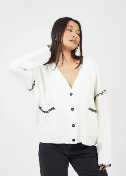 Tops>Brave Soul Ivory Contrast Stitch Button Through V-neck Cardigan
