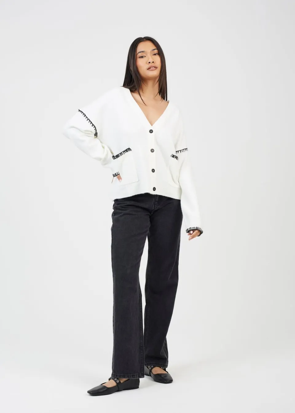 Tops>Brave Soul Ivory Contrast Stitch Button Through V-neck Cardigan