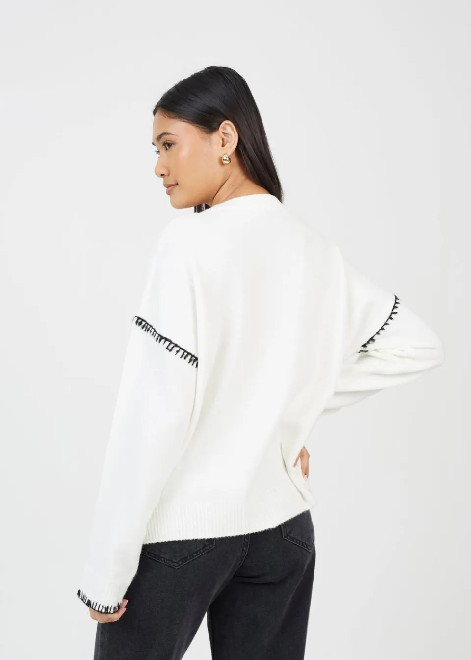 Tops>Brave Soul Ivory Contrast Stitch Button Through V-neck Cardigan