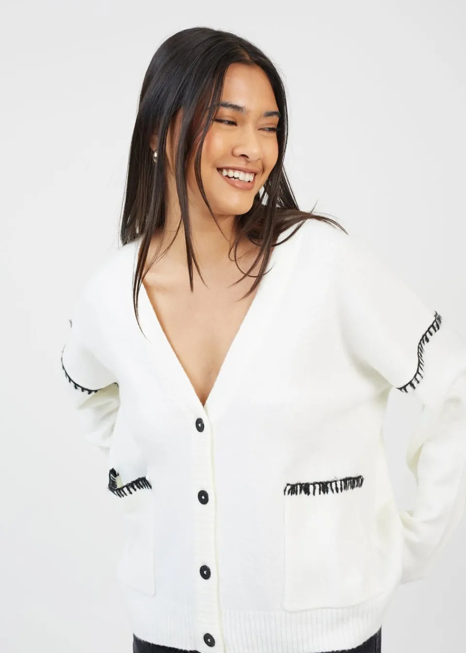 Tops>Brave Soul Ivory Contrast Stitch Button Through V-neck Cardigan