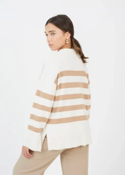 Knitwear>Brave Soul Ivory Striped Loose Fit Jumper with Wide Sleeves