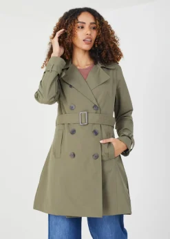 Coats & Jackets>Brave Soul Double Breasted Short Trench Coat Khaki