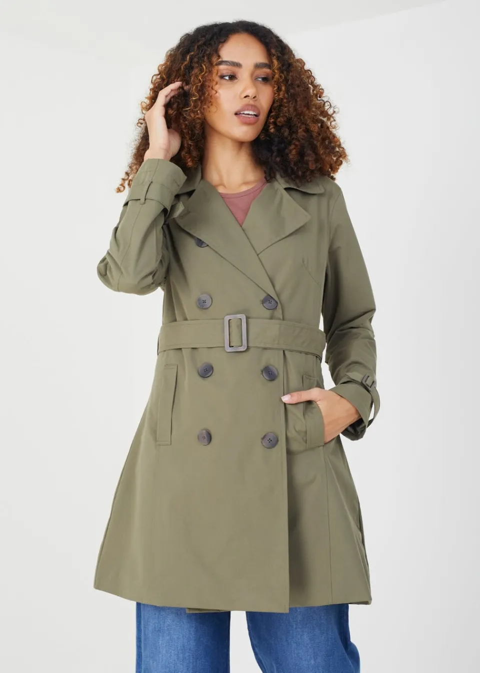 Coats & Jackets>Brave Soul Double Breasted Short Trench Coat Khaki