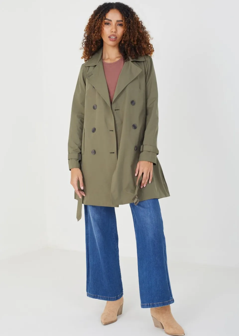 Coats & Jackets>Brave Soul Double Breasted Short Trench Coat Khaki