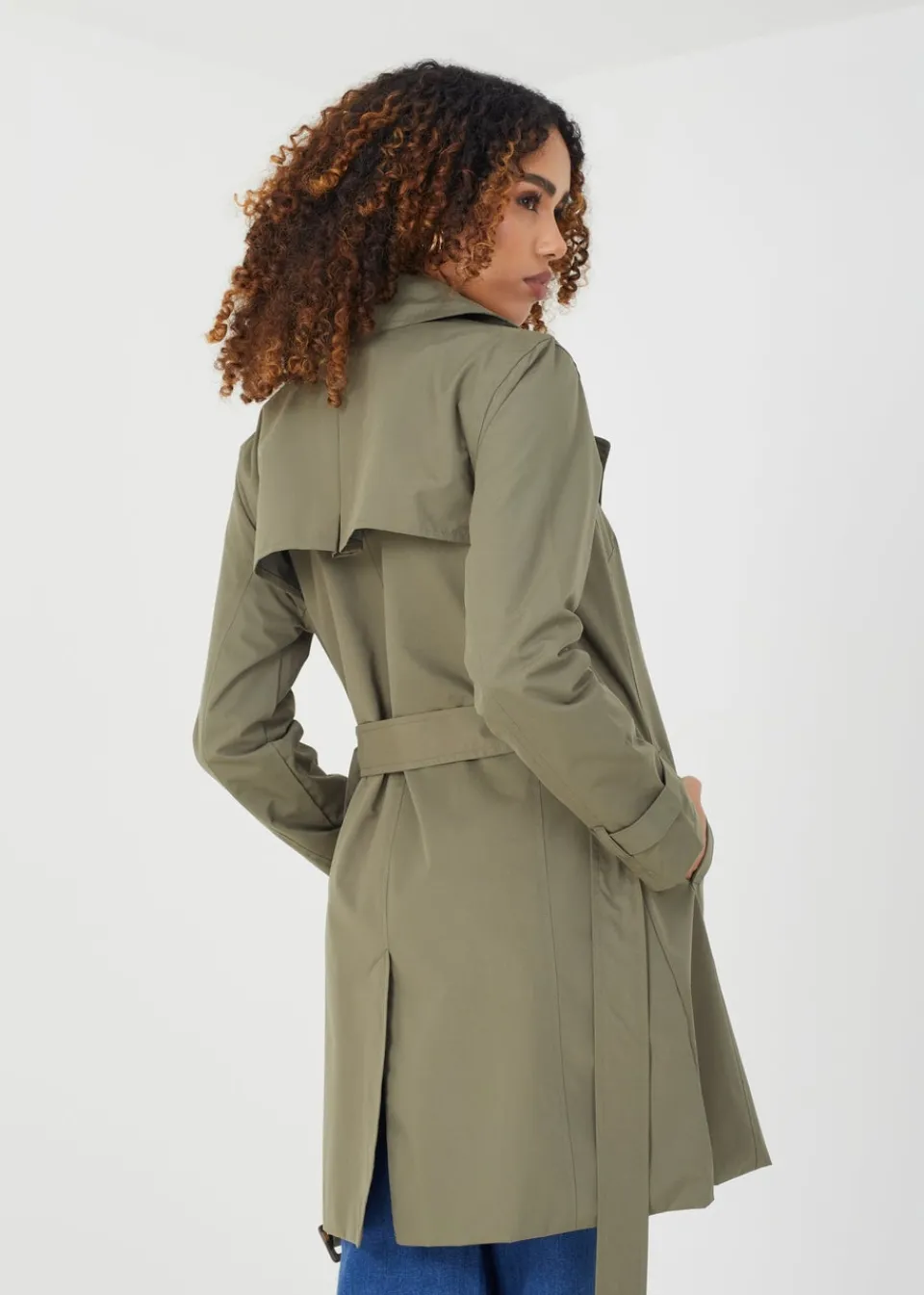 Coats & Jackets>Brave Soul Double Breasted Short Trench Coat Khaki