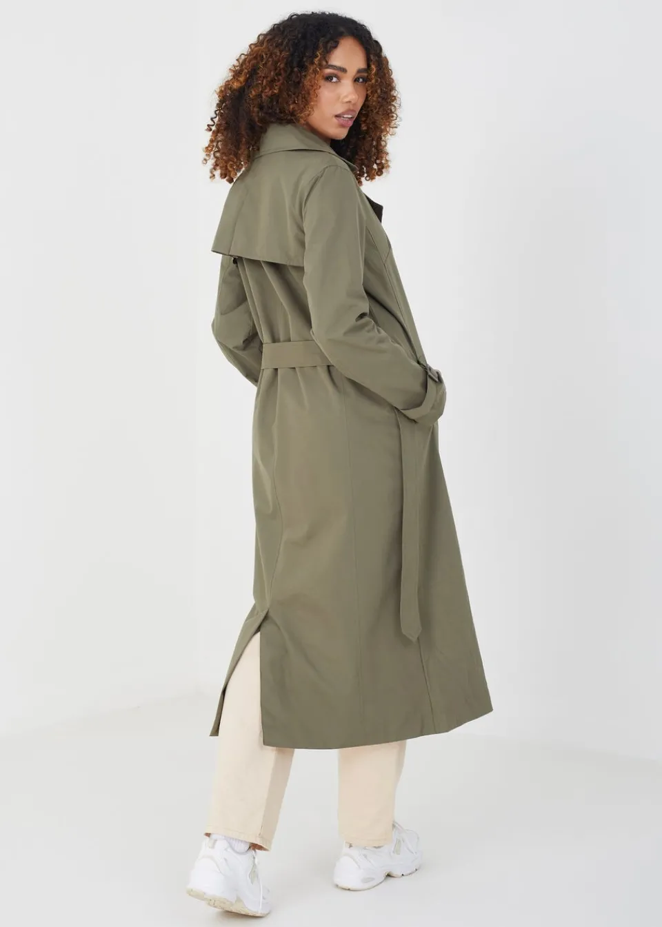Coats & Jackets>Brave Soul Khaki Double-Breasted Longline Trench Coat