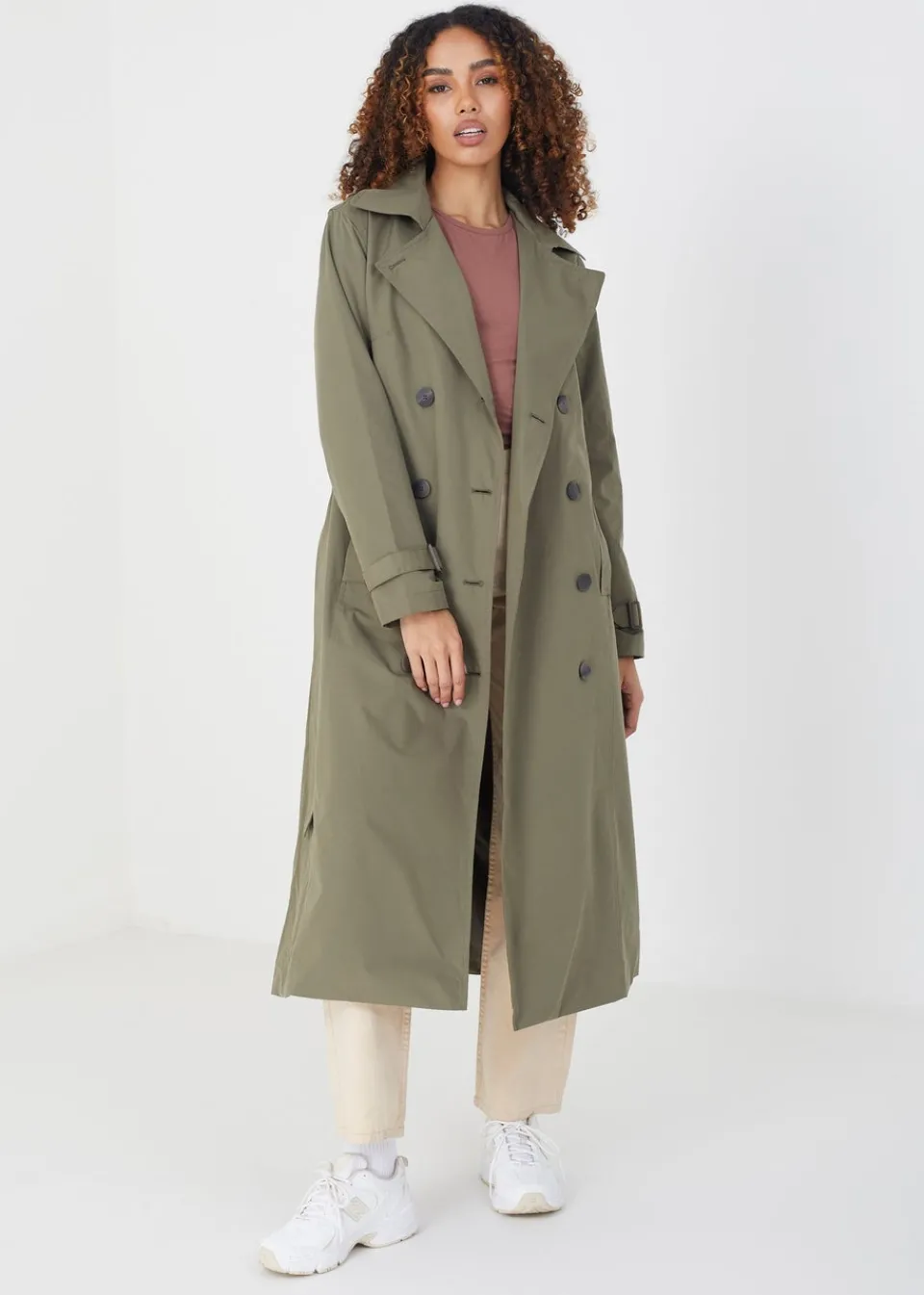 Coats & Jackets>Brave Soul Khaki Double-Breasted Longline Trench Coat