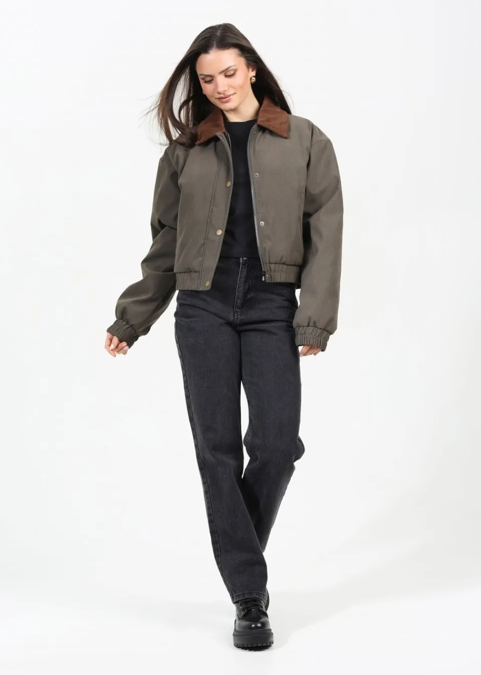 Coats & Jackets>Brave Soul Khaki Twill Bomber Style Jacket with Cord Collar