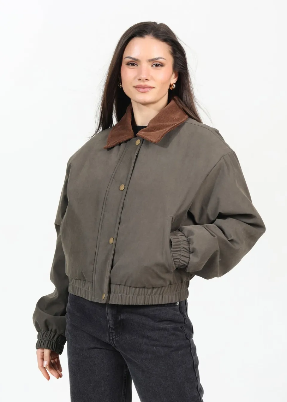 Coats & Jackets>Brave Soul Khaki Twill Bomber Style Jacket with Cord Collar