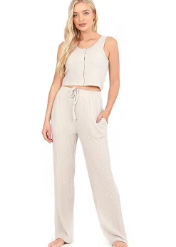 Tops>Brave Soul Natural Cropped Vest & Wide Leg Waffle Lounge Set