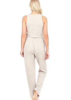 Tops>Brave Soul Natural Cropped Vest & Wide Leg Waffle Lounge Set