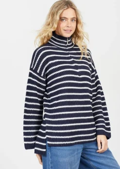 Knitwear>Brave Soul Navy Half Zip Striped Fisherman Knit Jumper