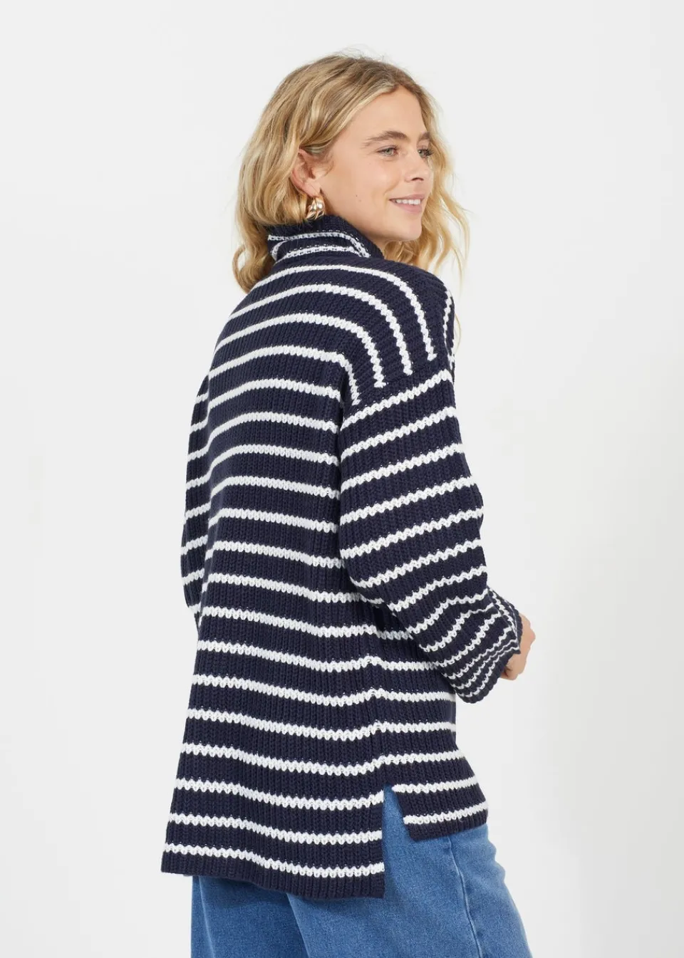 Knitwear>Brave Soul Navy Half Zip Striped Fisherman Knit Jumper