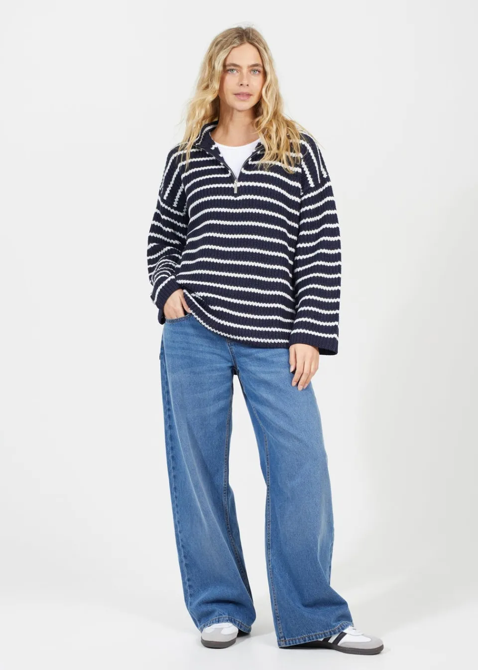 Knitwear>Brave Soul Navy Half Zip Striped Fisherman Knit Jumper