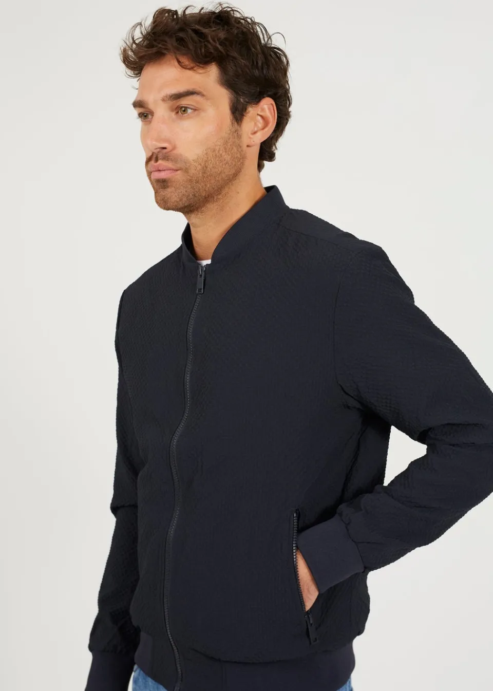 Coats & Jackets>Brave Soul Navy Seersucker Bomber Jacket
