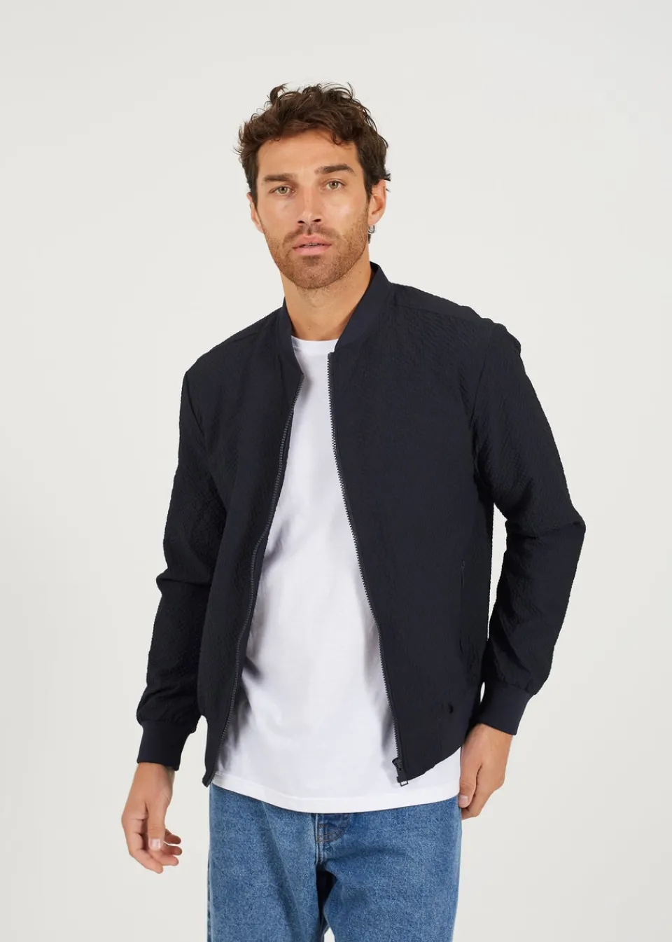 Coats & Jackets>Brave Soul Navy Seersucker Bomber Jacket