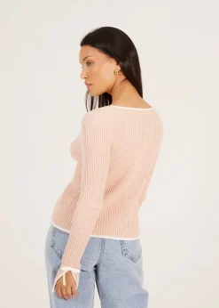 Knitwear>Brave Soul Pale Pink Ribbed Knitted Cardigan with Bow Fastening