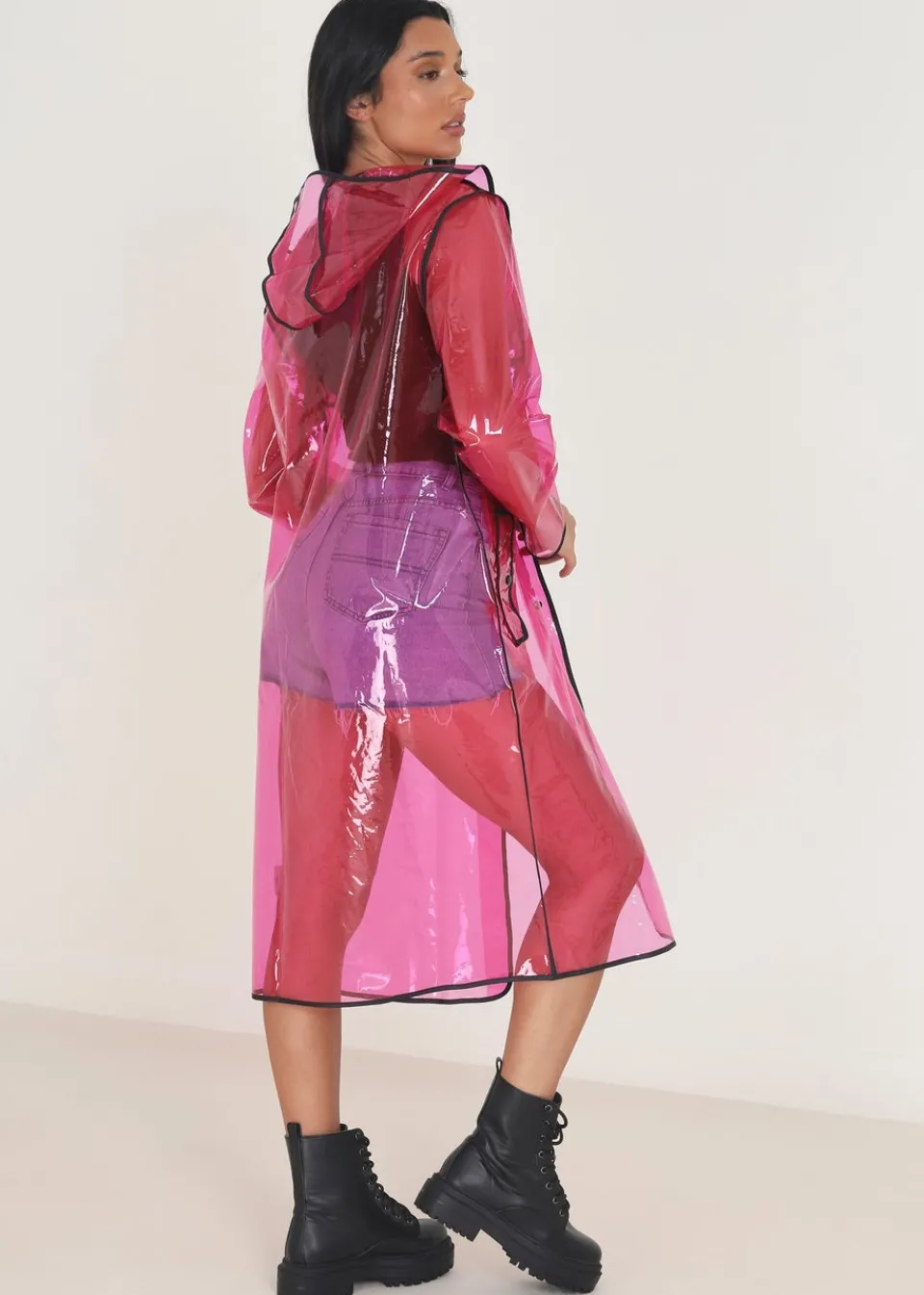 Coats & Jackets>Brave Soul Hooded Longline Rain Mac With Contrasting Binding Pink