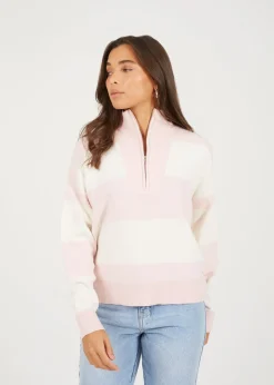 Tops>Brave Soul Pink Striped Half Zip Knitted Jumper