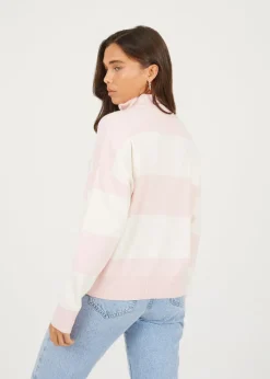 Tops>Brave Soul Pink Striped Half Zip Knitted Jumper