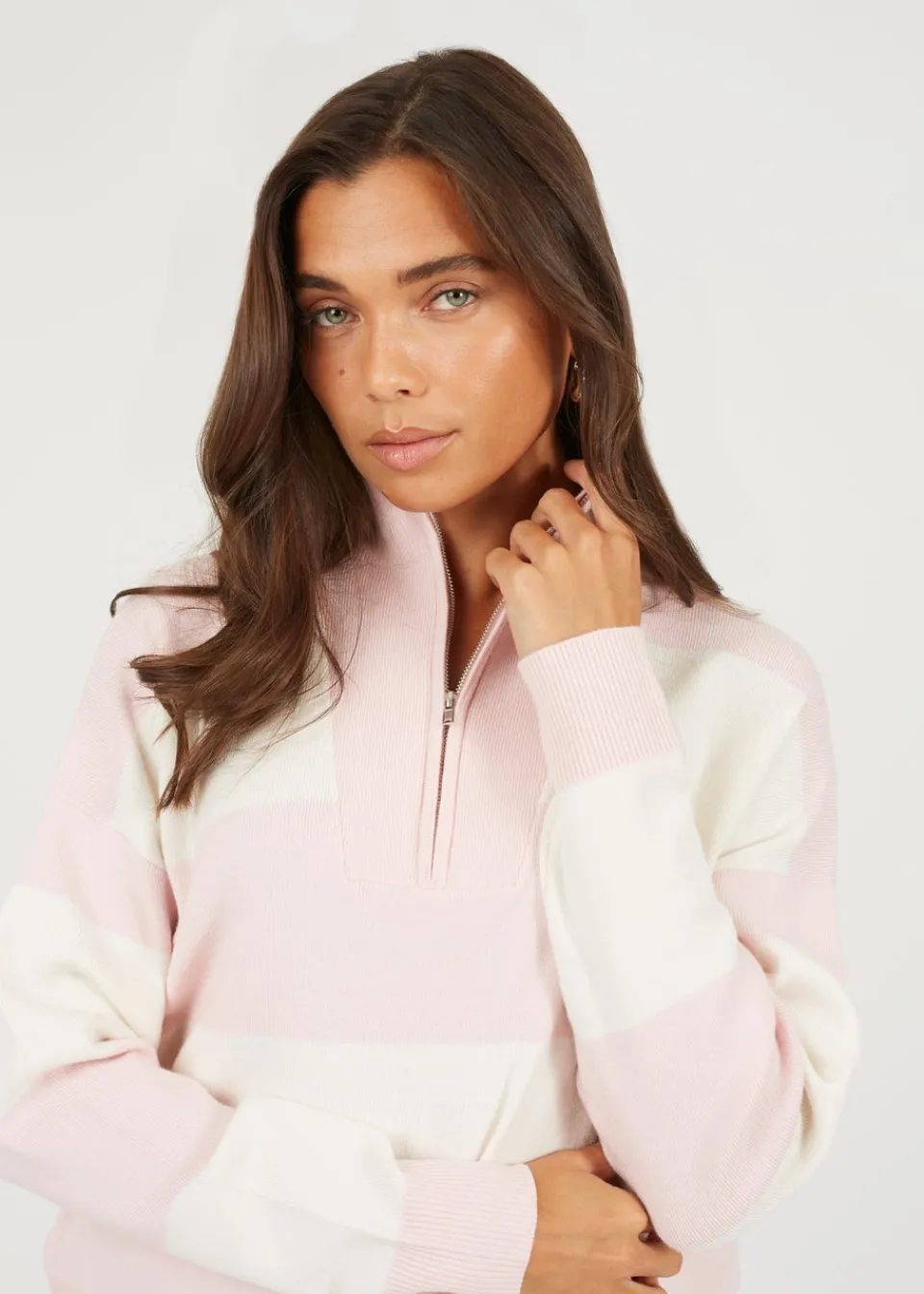 Tops>Brave Soul Pink Striped Half Zip Knitted Jumper