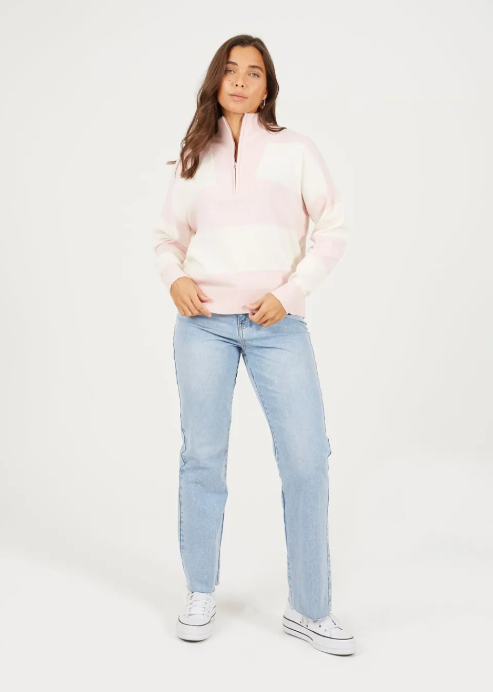 Tops>Brave Soul Pink Striped Half Zip Knitted Jumper