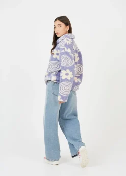 Tops>Brave Soul Purple Quarter Zip Flower Print Sherpa Fleece