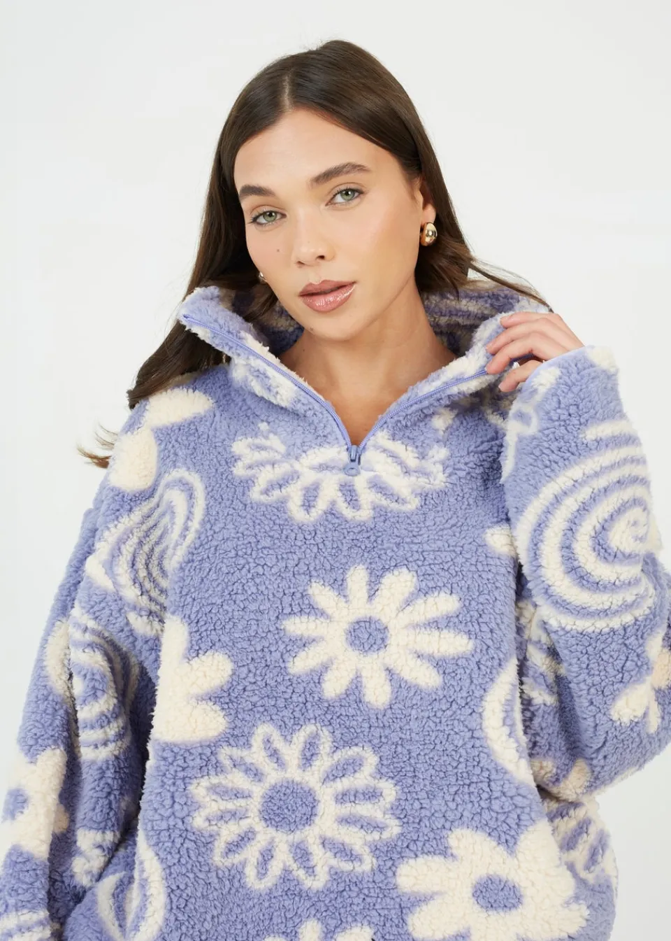 Tops>Brave Soul Purple Quarter Zip Flower Print Sherpa Fleece