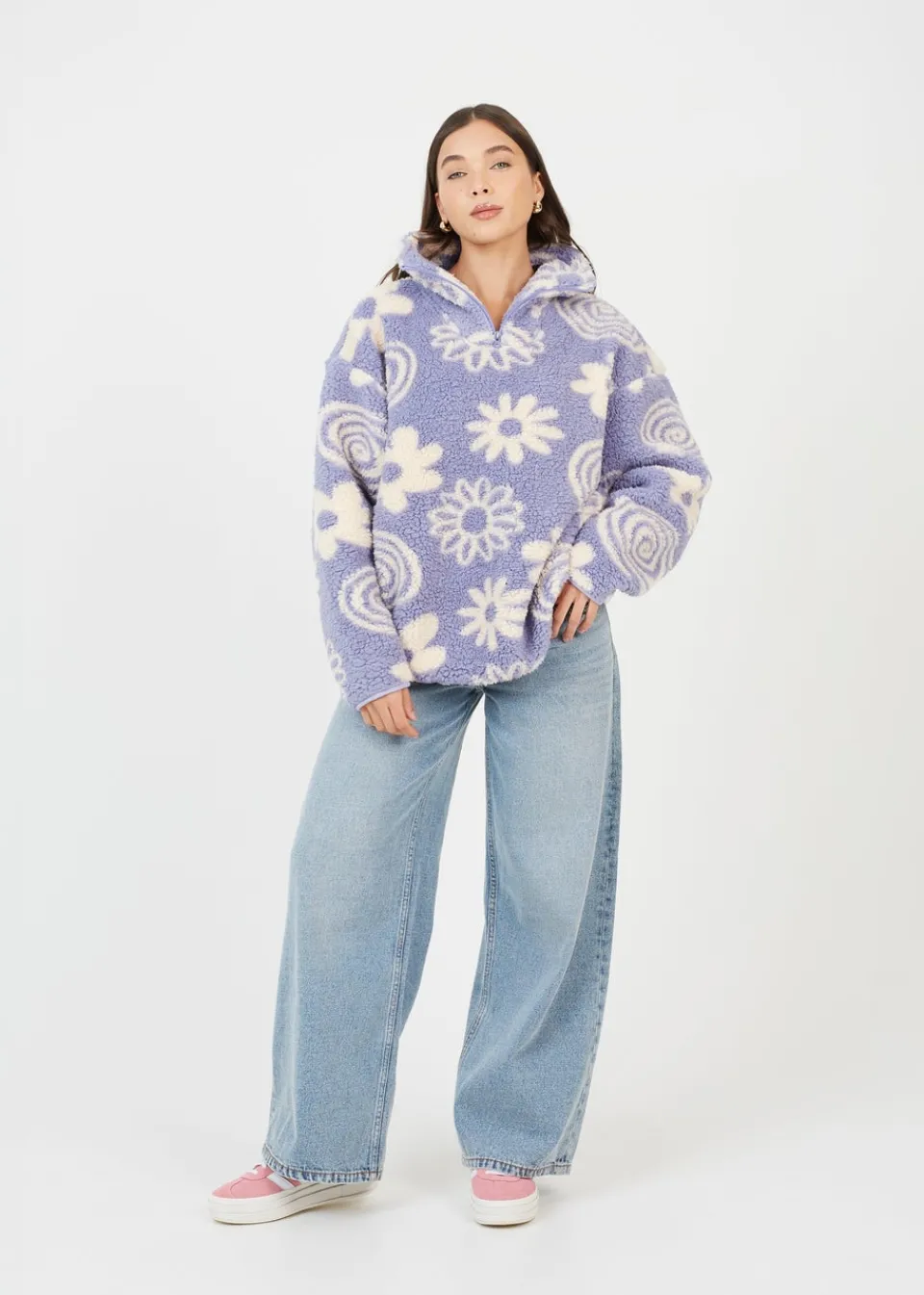 Tops>Brave Soul Purple Quarter Zip Flower Print Sherpa Fleece