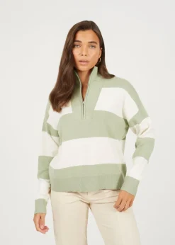 Tops>Brave Soul Soft Green Striped Half Zip Knitted Jumper