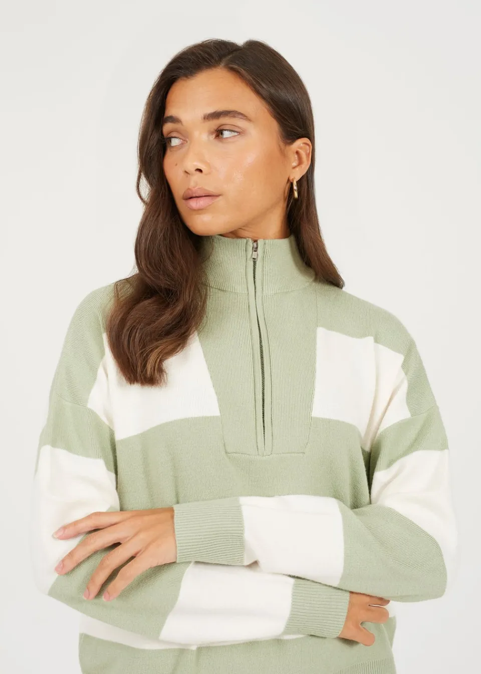 Tops>Brave Soul Soft Green Striped Half Zip Knitted Jumper
