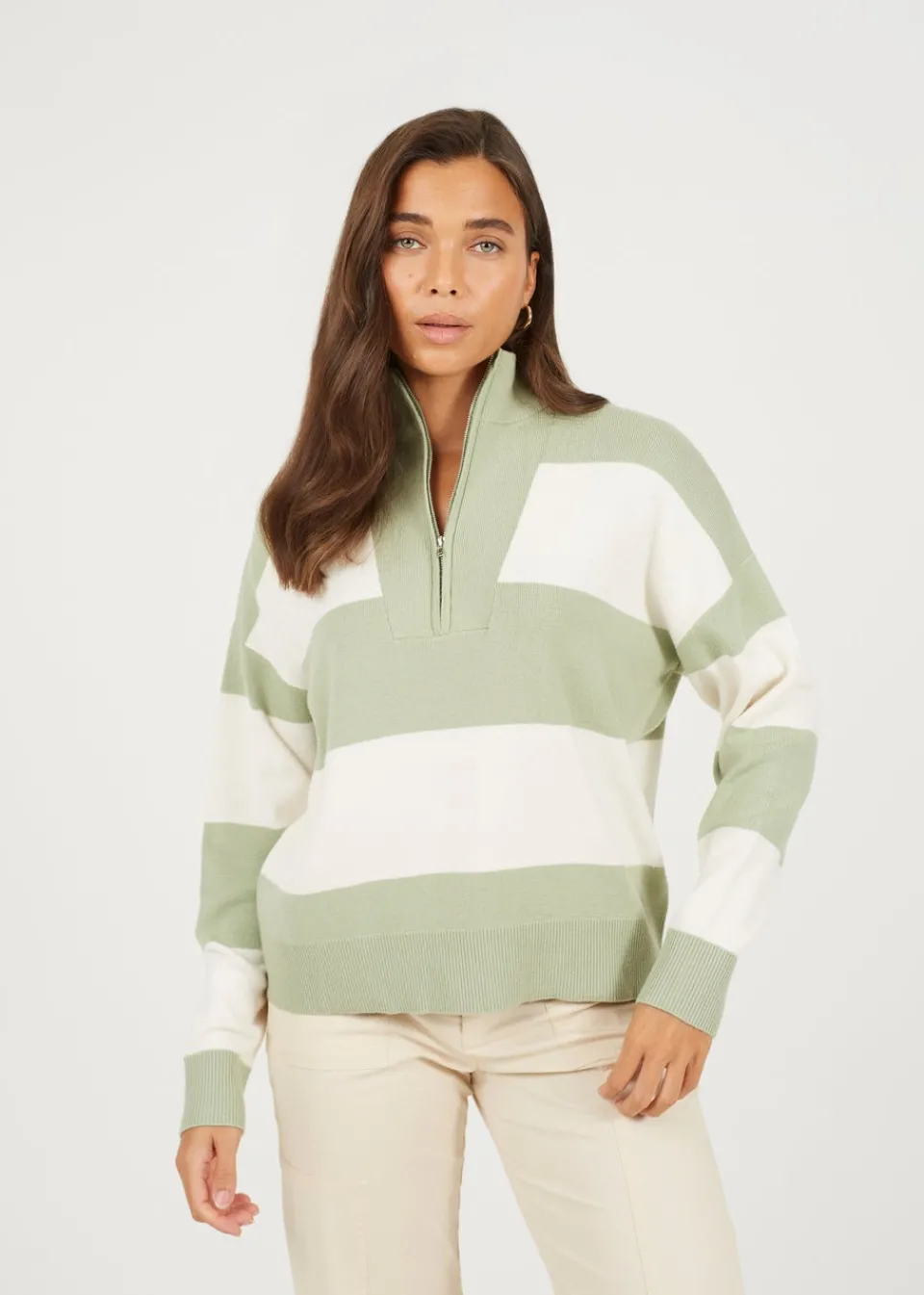 Tops>Brave Soul Soft Green Striped Half Zip Knitted Jumper