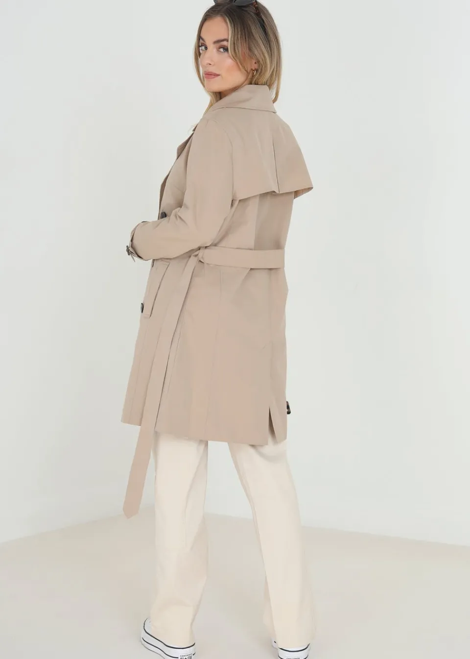 Coats & Jackets>Brave Soul Double Breasted Short Trench Coat Stone