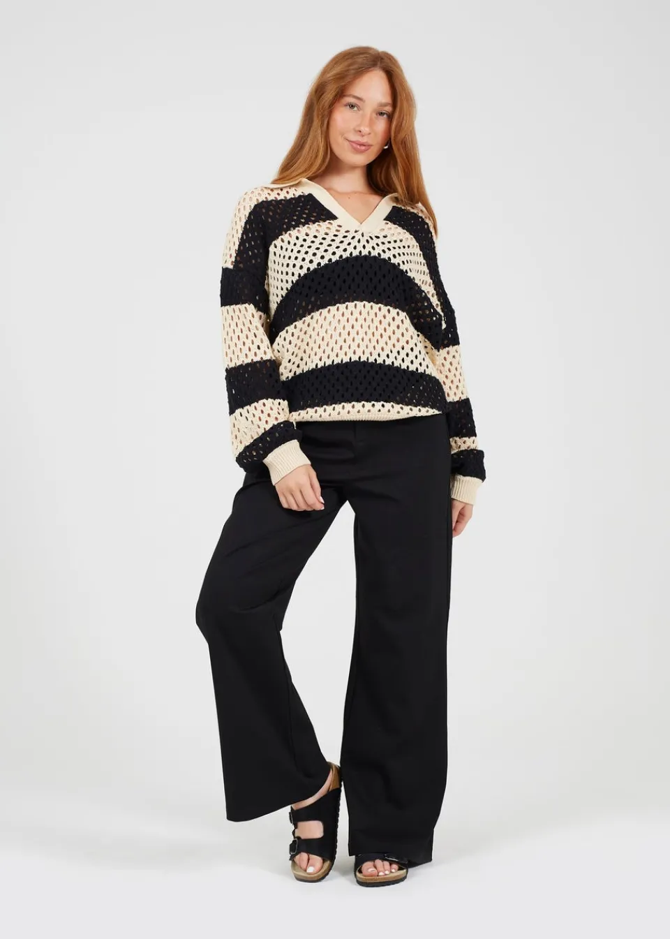 Knitwear>Brave Soul Stone Lightweight Stripe Open Knit Jumper