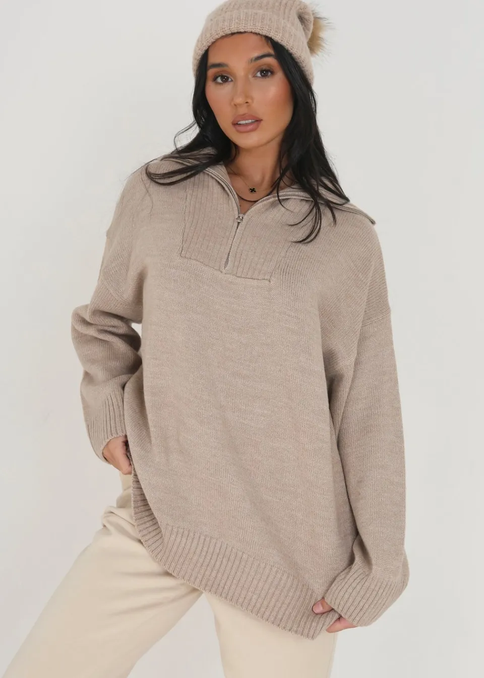 Tops>Brave Soul Stone Oversized Zip Collar Knitted Jumper