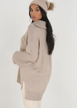 Tops>Brave Soul Stone Oversized Zip Collar Knitted Jumper