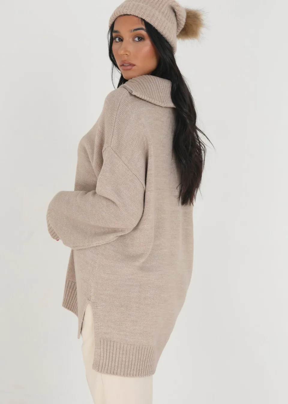 Tops>Brave Soul Stone Oversized Zip Collar Knitted Jumper
