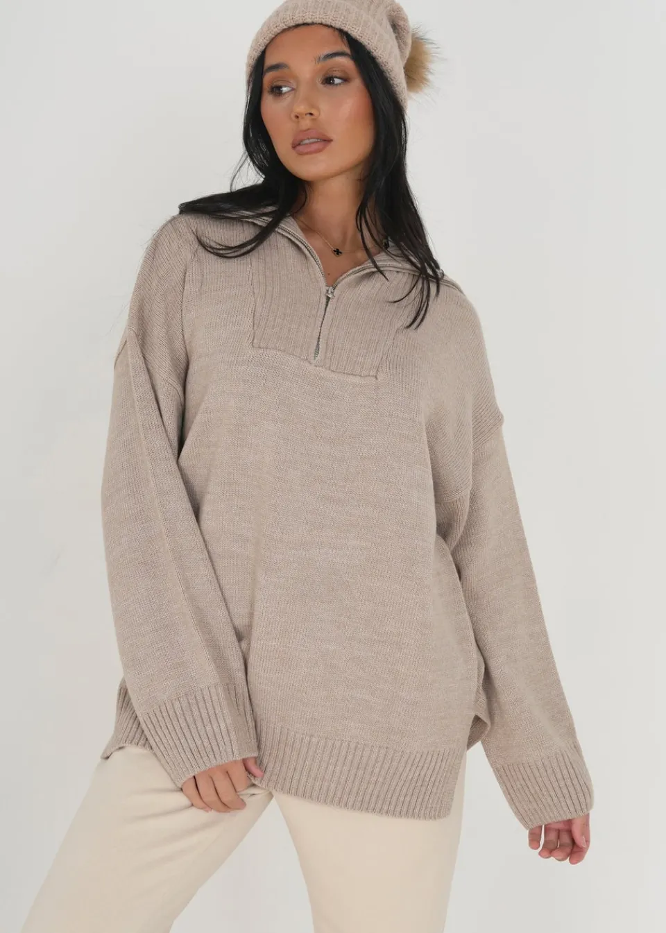 Tops>Brave Soul Stone Oversized Zip Collar Knitted Jumper