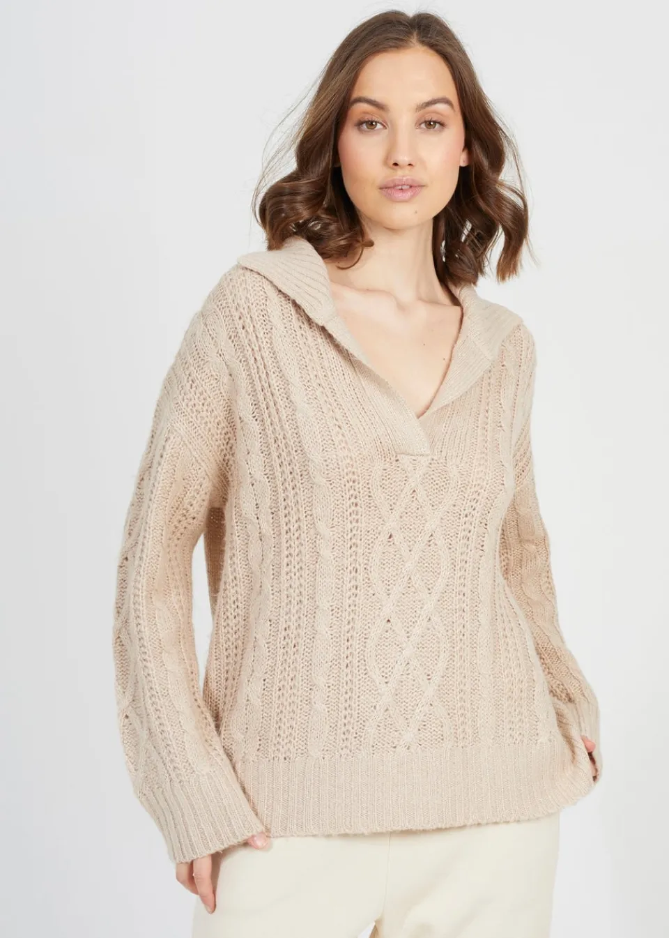 Tops>Brave Soul Stone V-Neck Cable Knit Jumper
