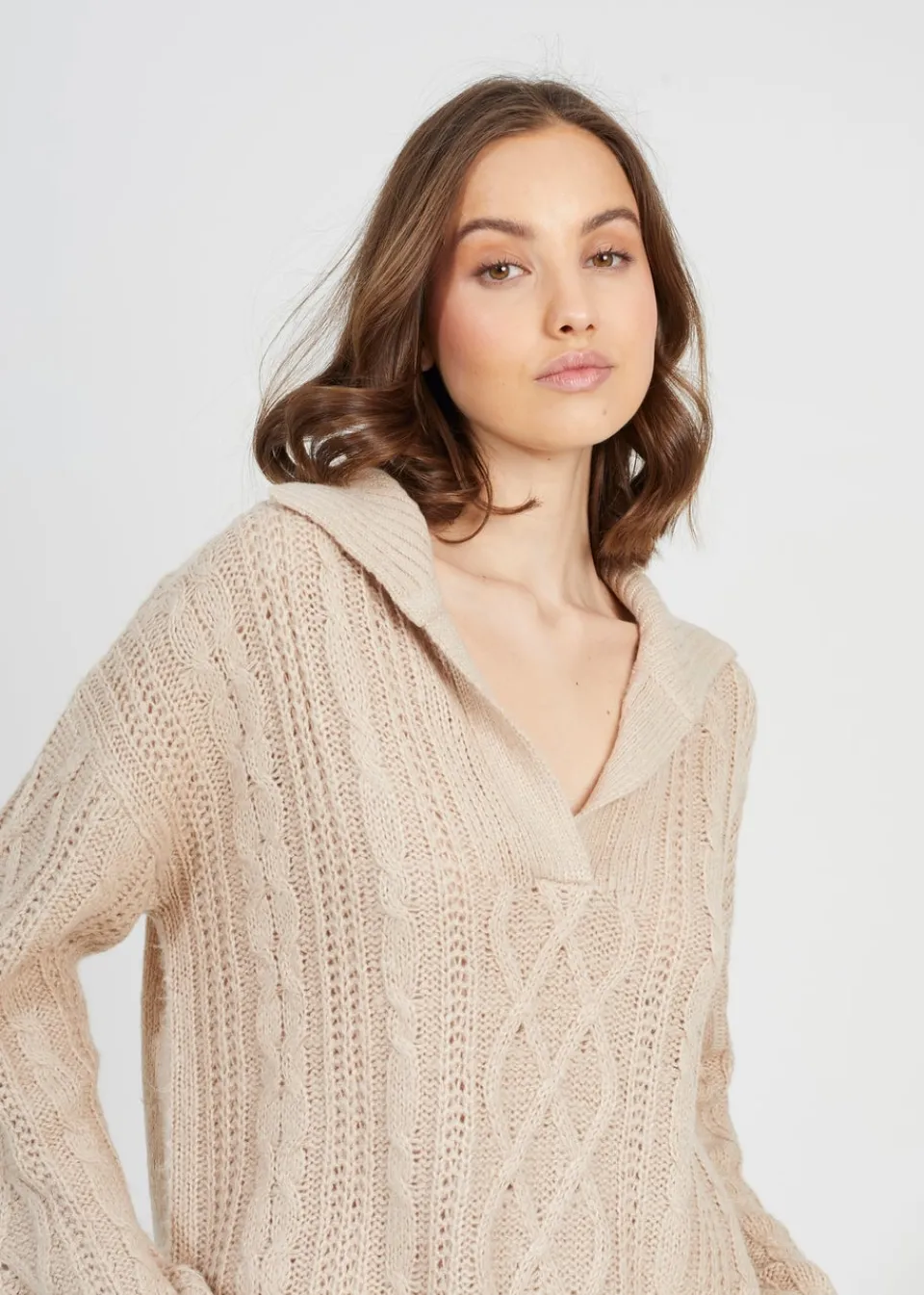 Tops>Brave Soul Stone V-Neck Cable Knit Jumper