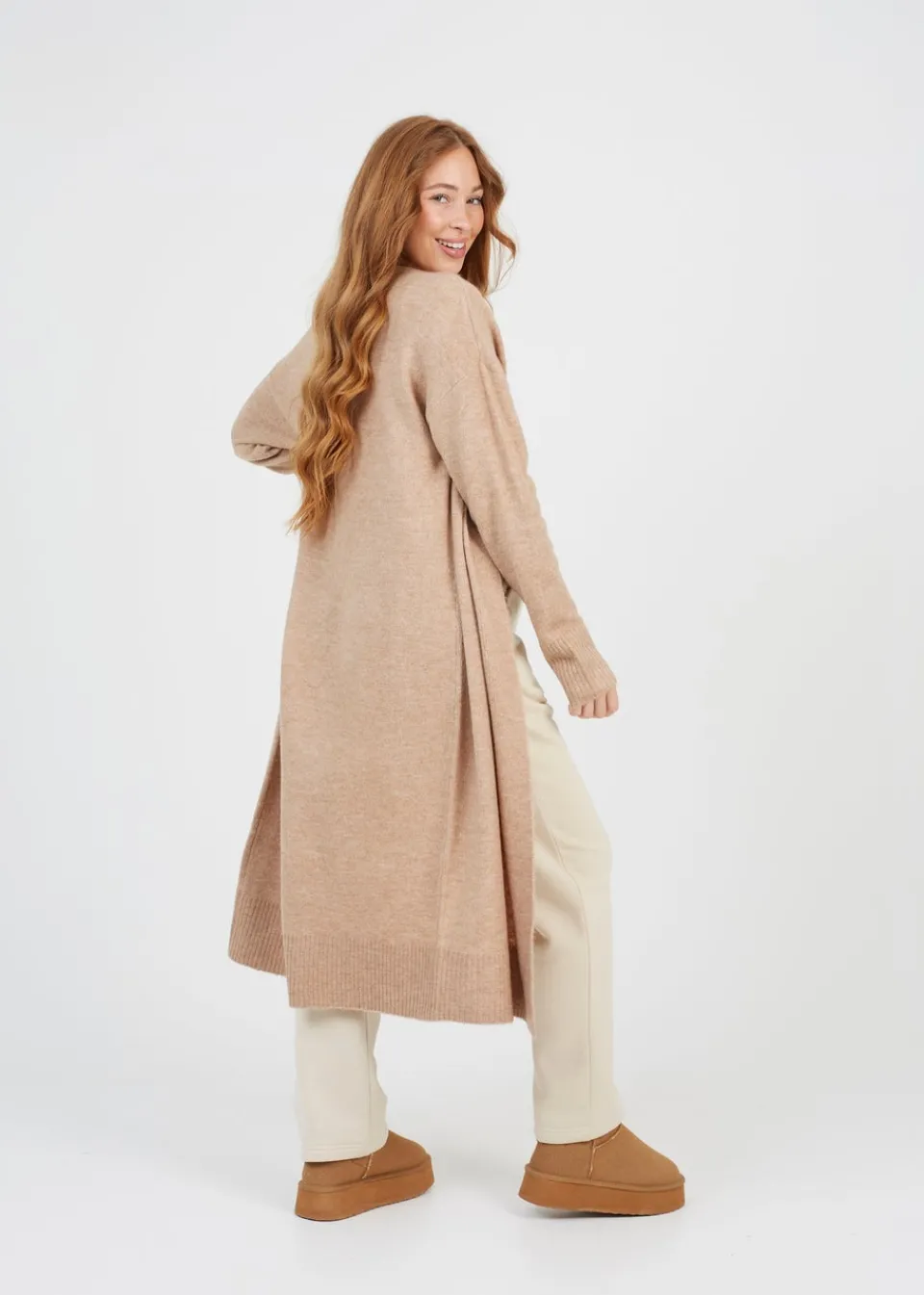 Tops>Brave Soul Tan Knitted Dropped Shoulder Maxi Cardigan