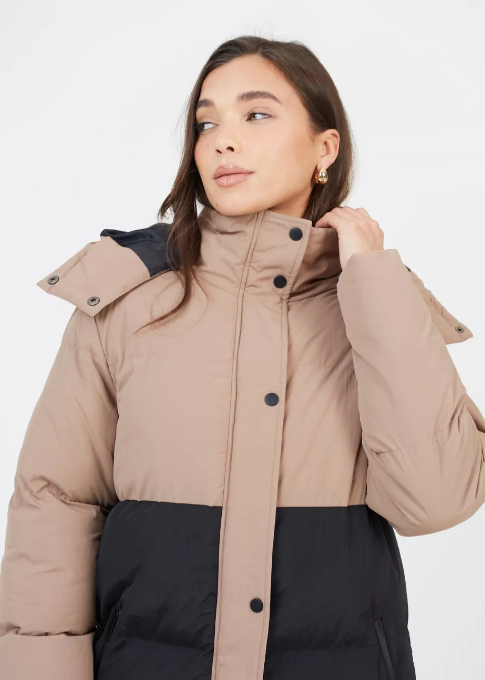 Coats & Jackets>Brave Soul Tan Maxi Contrast Hooded Puffer Jacket