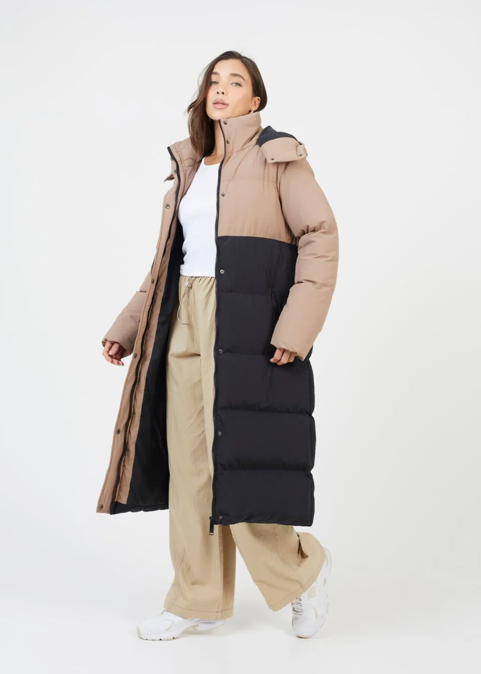 Coats & Jackets>Brave Soul Tan Maxi Contrast Hooded Puffer Jacket