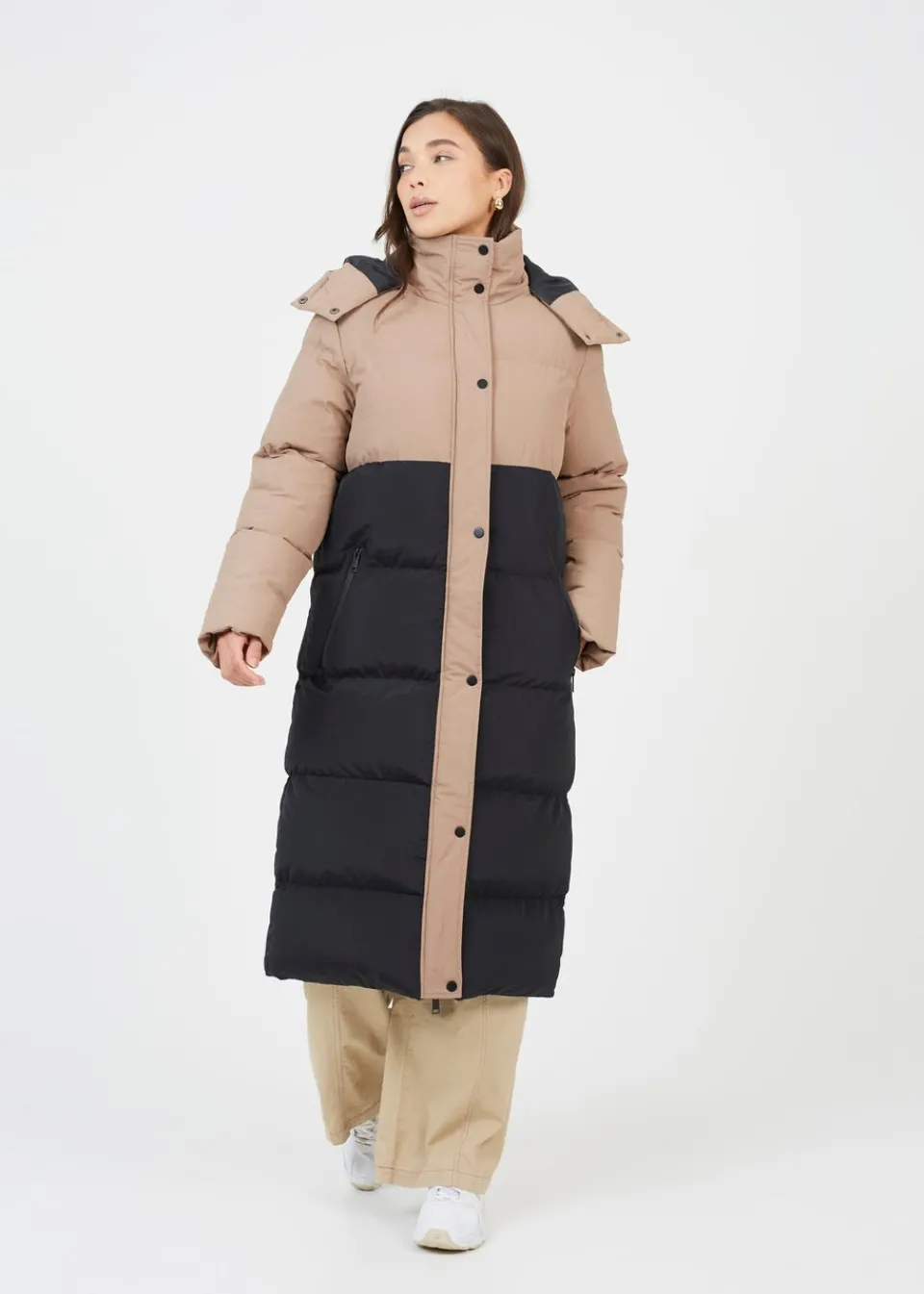Coats & Jackets>Brave Soul Tan Maxi Contrast Hooded Puffer Jacket