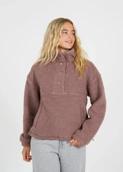 Tops>Brave Soul Taupe Sherpa Quarter Button Neck Fleece