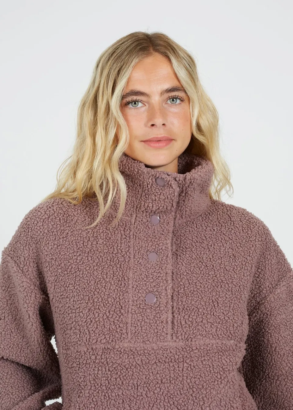 Tops>Brave Soul Taupe Sherpa Quarter Button Neck Fleece